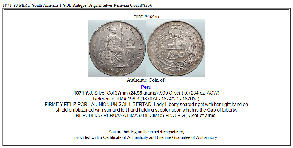 1871 YJ PERU South America 1 SOL Antique Original Silver Peruvian Coin i88236