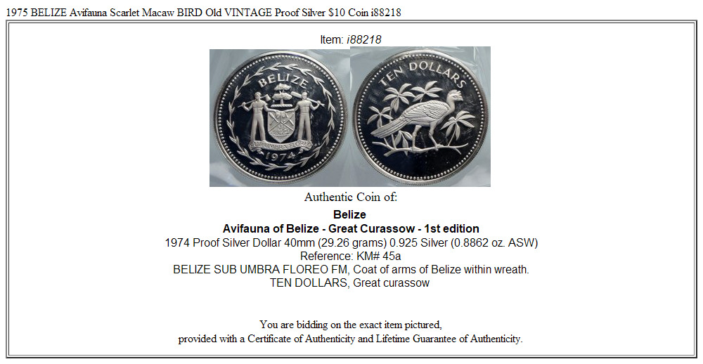 1974 BELIZE Avifauna Scarlet Macaw BIRD Old VINTAGE Proof Silver $10 Coin i88218