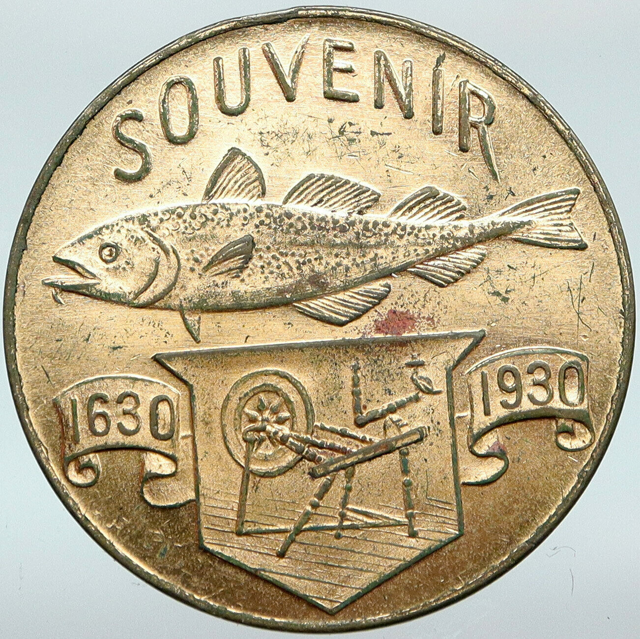 1930 USA MASSACHUSETTS BAY COLONY Pilgrim Fish ANTIQUE Vintage 300Y Medal i88324