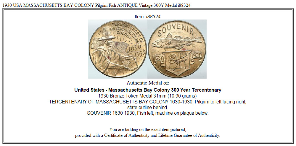 1930 USA MASSACHUSETTS BAY COLONY Pilgrim Fish ANTIQUE Vintage 300Y Medal i88324