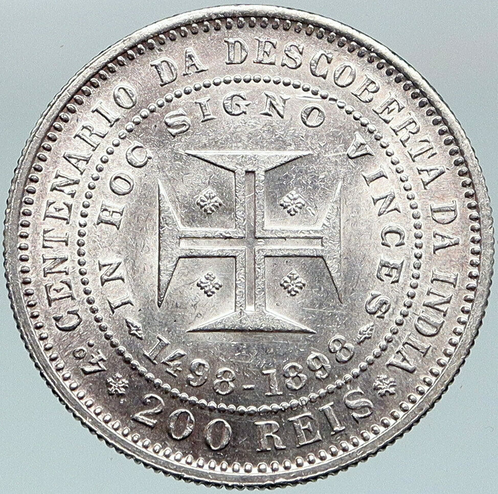 1898 PORTUGAL Cross Discovery of India 400YR Genuine Silver 200 Reis Coin i88325