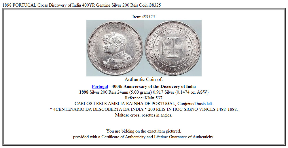 1898 PORTUGAL Cross Discovery of India 400YR Genuine Silver 200 Reis Coin i88325