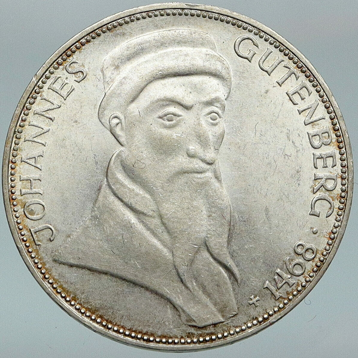 1968 GERMANY Birth Johannes Gutenberg 500 Years Silver 5 Mark German Coin i88335