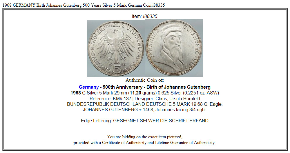 1968 GERMANY Birth Johannes Gutenberg 500 Years Silver 5 Mark German Coin i88335