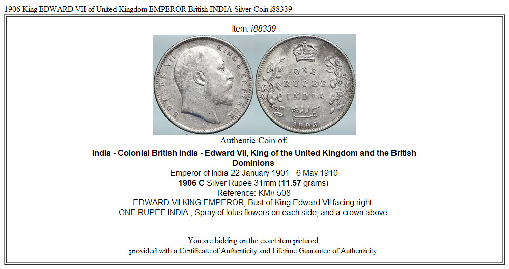 1906 King EDWARD VII of United Kingdom EMPEROR British INDIA Silver Coin i88339