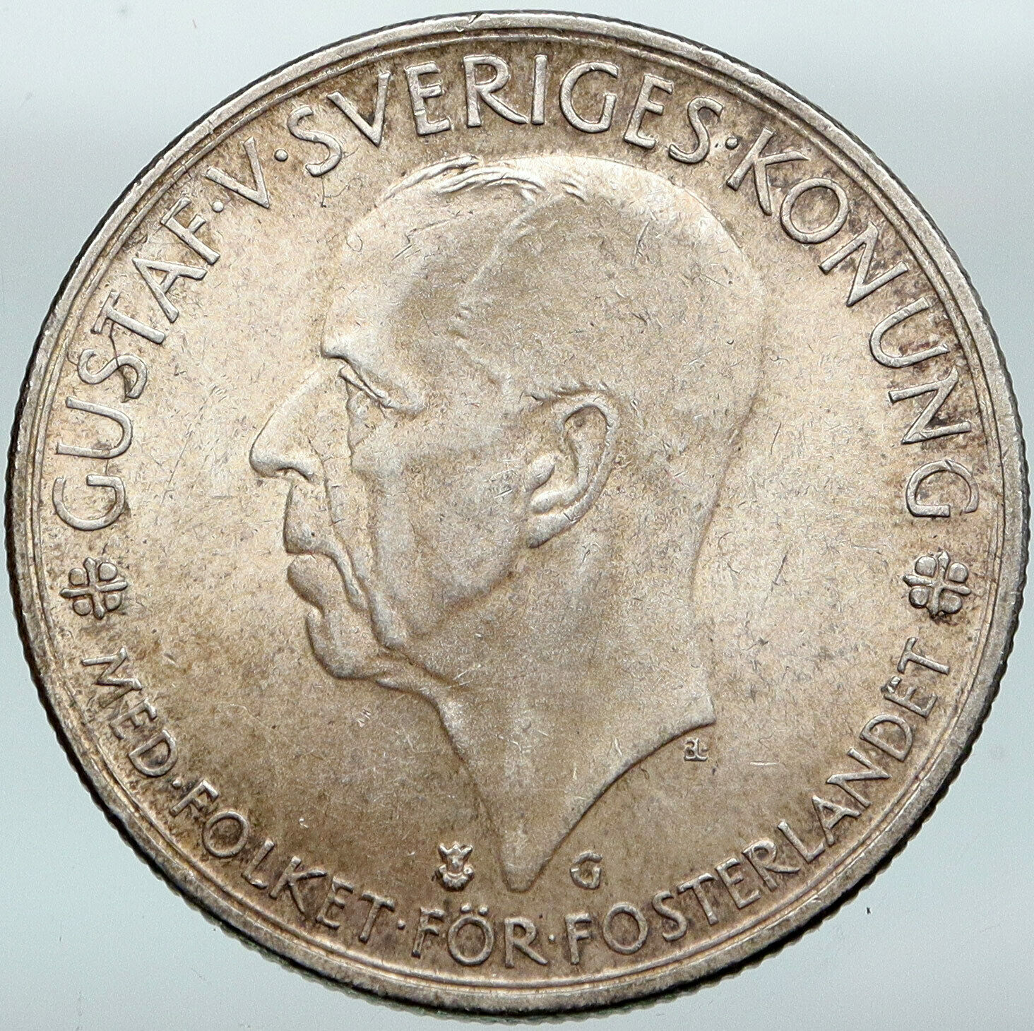 1935 SWEDEN King GUSTAF V Silver Crowned ARMS Antique Vintage 5 KR Coin i88336