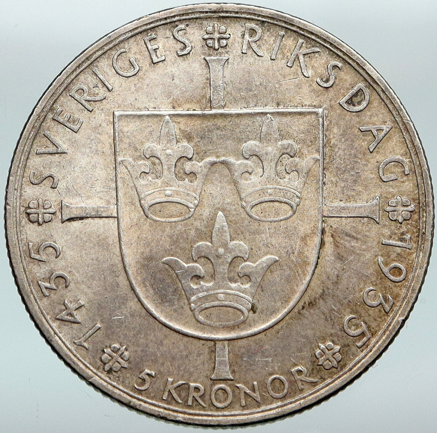 1935 SWEDEN King GUSTAF V Silver Crowned ARMS Antique Vintage 5 KR Coin i88336