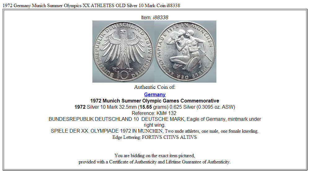 1972 Germany Munich Summer Olympics XX ATHLETES OLD Silver 10 Mark Coin i88338