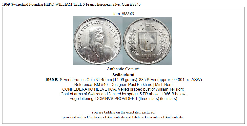 1969 Switzerland Founding HERO WILLIAM TELL 5 Francs European Silver Coin i88340