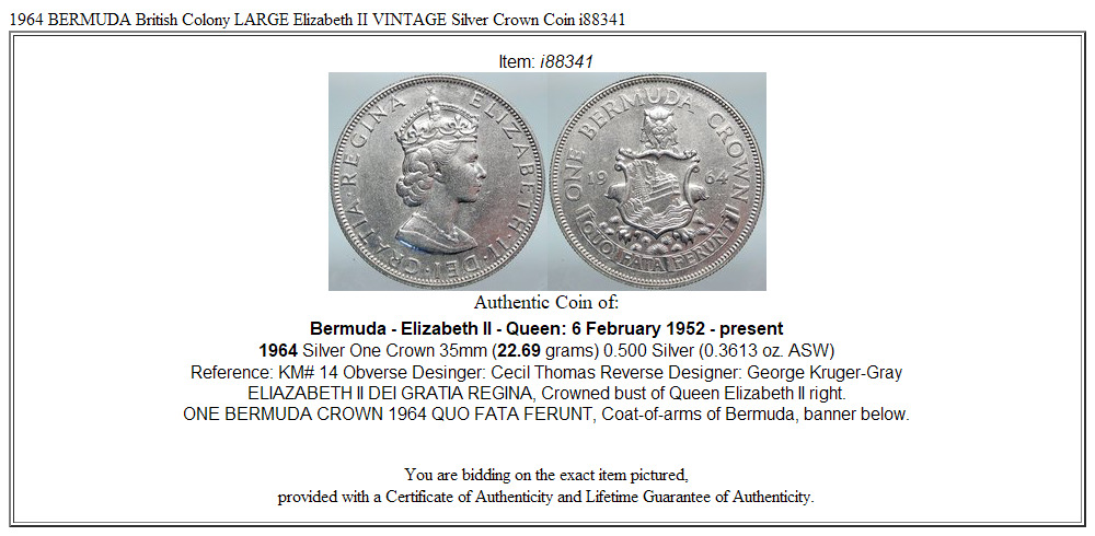 1964 BERMUDA British Colony LARGE Elizabeth II VINTAGE Silver Crown Coin i88341