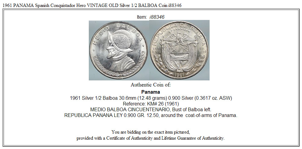 1961 PANAMA Spanish Conquistador Hero VINTAGE OLD Silver 1/2 BALBOA Coin i88346