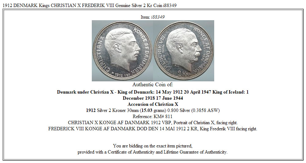 1912 DENMARK Kings CHRISTIAN X FREDERIK VIII Genuine Silver 2 Kr Coin i88349