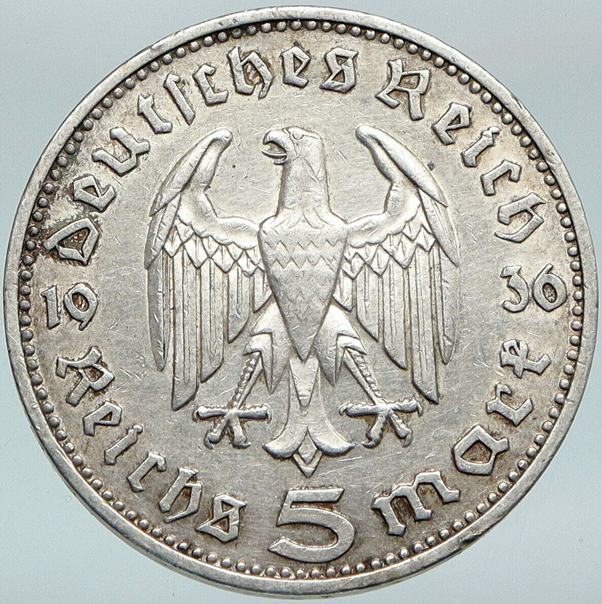 1936 Germany 2nd President Paul von Hindenburg Silver German 5 Marks Coin i88348