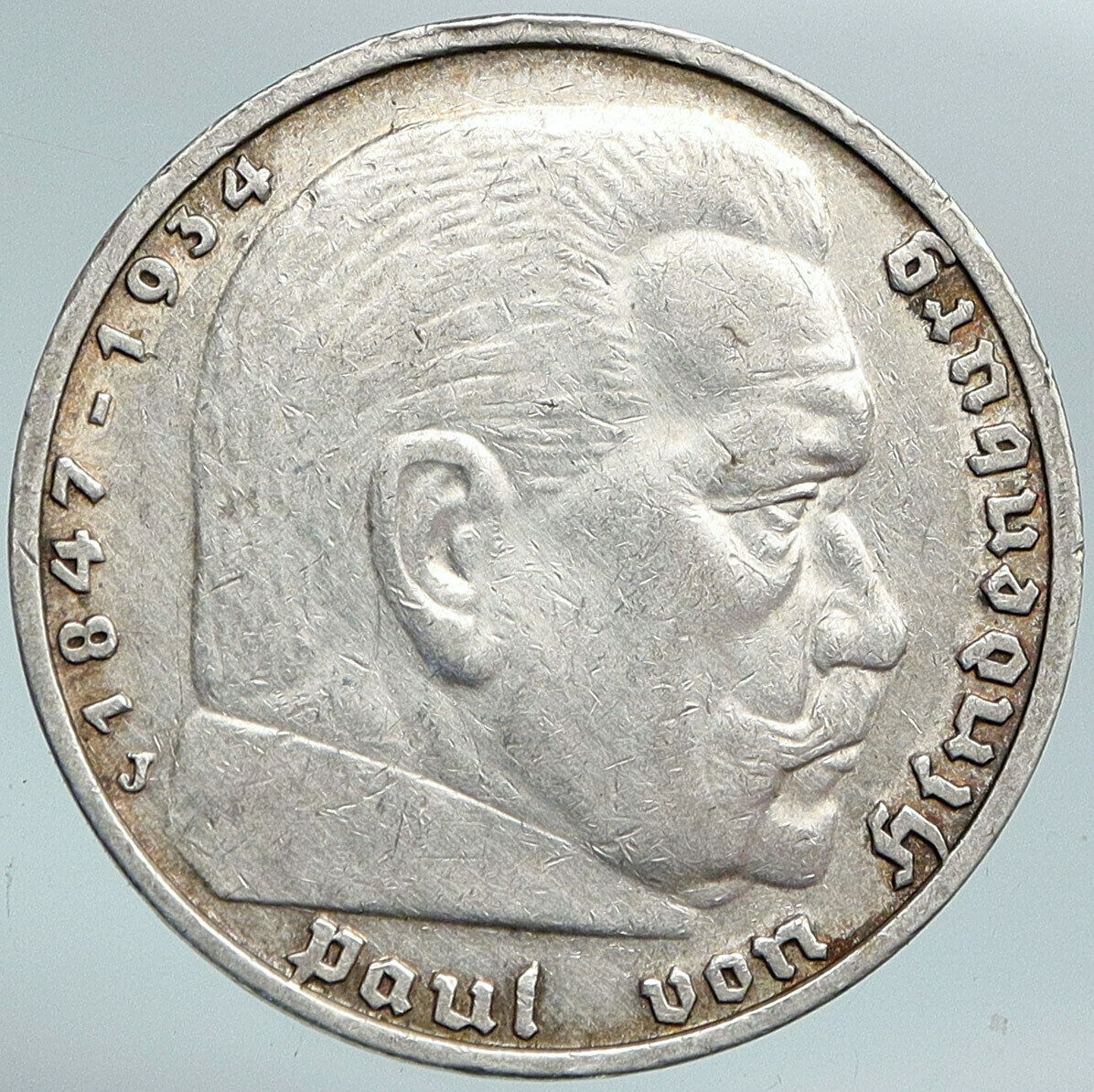 1936 Germany 2nd President Paul von Hindenburg Silver German 5 Marks Coin i88348