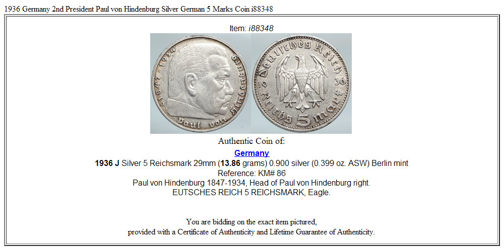 1936 Germany 2nd President Paul von Hindenburg Silver German 5 Marks Coin i88348