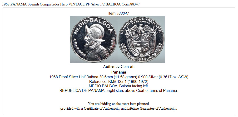 1968 PANAMA Spanish Conquistador Hero VINTAGE PF Silver 1/2 BALBOA Coin i88347