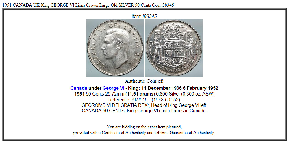 1951 CANADA UK King GEORGE VI Lions Crown Large Old SILVER 50 Cents Coin i88345