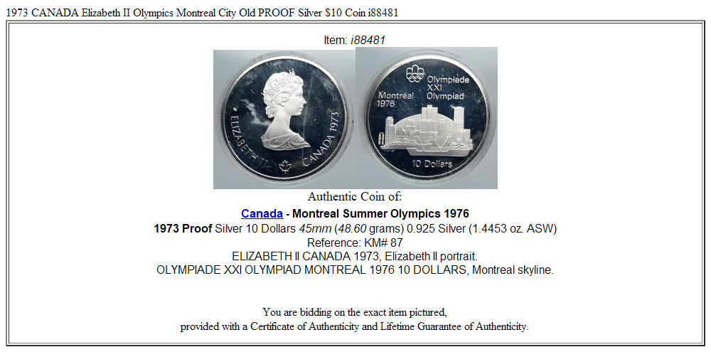 1973 CANADA Elizabeth II Olympics Montreal City Old PROOF Silver $10 Coin i88481