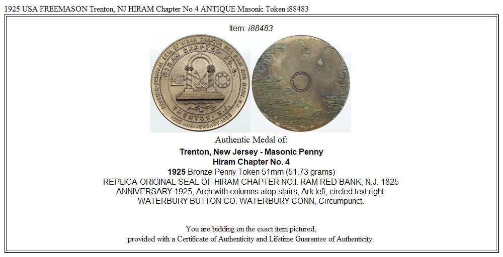 1925 USA FREEMASON Trenton, NJ HIRAM Chapter No 4 ANTIQUE Masonic Token i88483