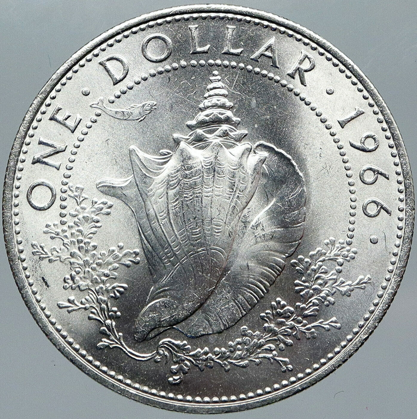 1966 BAHAMAS British Queen Elizabeth II w CONCH SHELL Silver Dollar Coin i88470