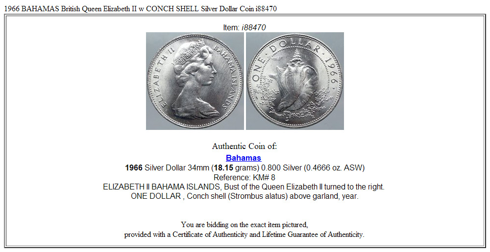 1966 BAHAMAS British Queen Elizabeth II w CONCH SHELL Silver Dollar Coin i88470