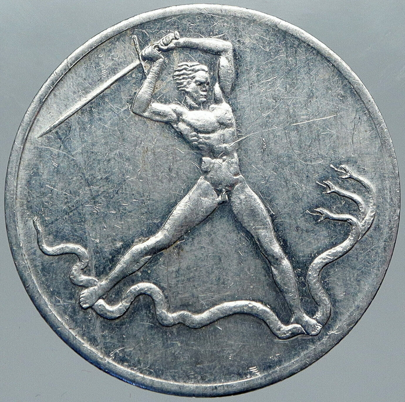 1932 GERMANY Aluminum Man Sword ROOT Attack VINTAGE OLD German Medal Coin i88478