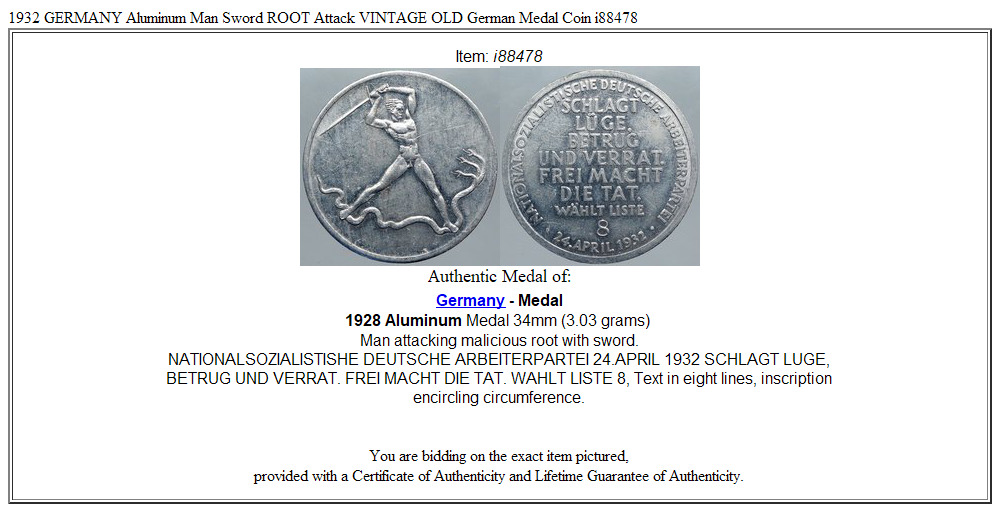 1932 GERMANY Aluminum Man Sword ROOT Attack VINTAGE OLD German Medal Coin i88478