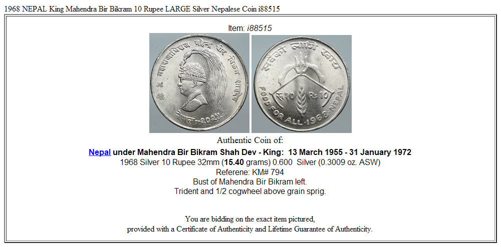 1968 NEPAL King Mahendra Bir Bikram 10 Rupee LARGE Silver Nepalese Coin i88515