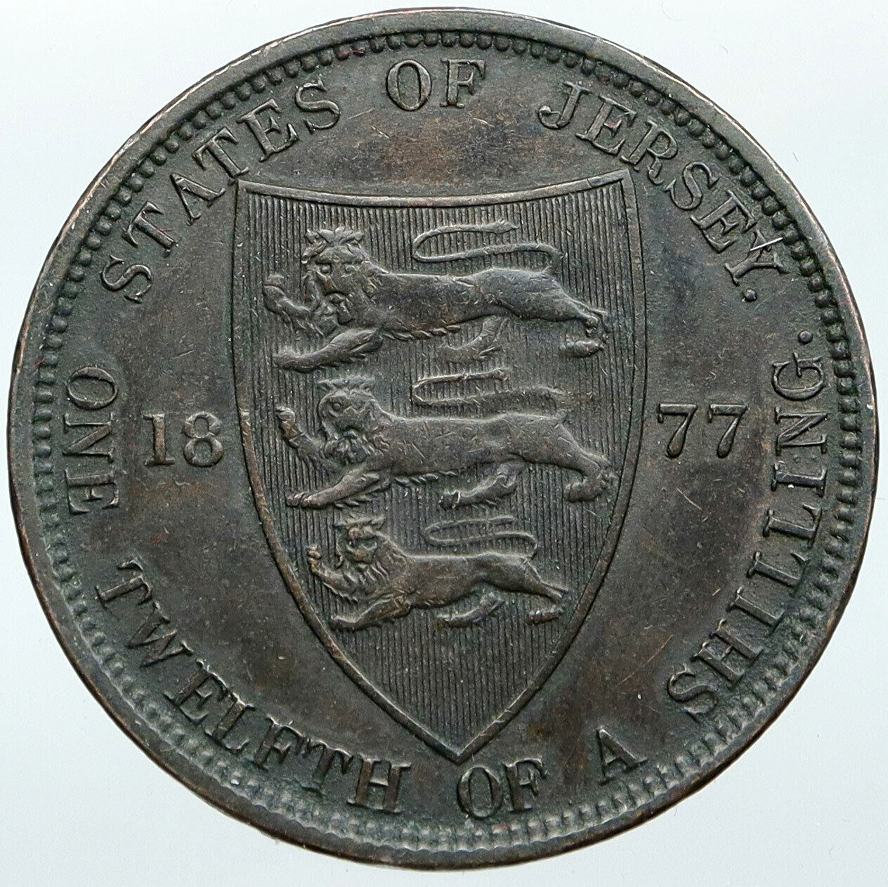 1877 H JERSEY under UK Queen Victoria & Shield ANTIQUE 1/12 Shilling Coin i88510