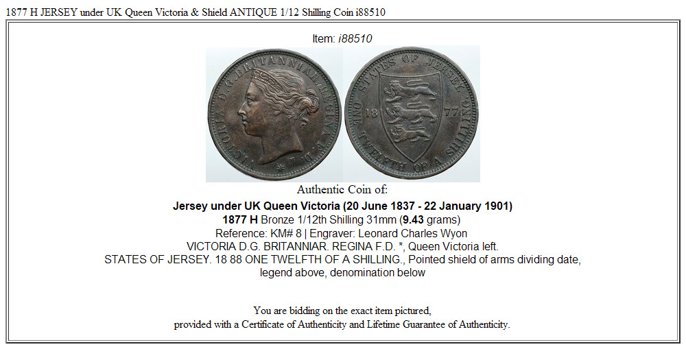 1877 H JERSEY under UK Queen Victoria & Shield ANTIQUE 1/12 Shilling Coin i88510