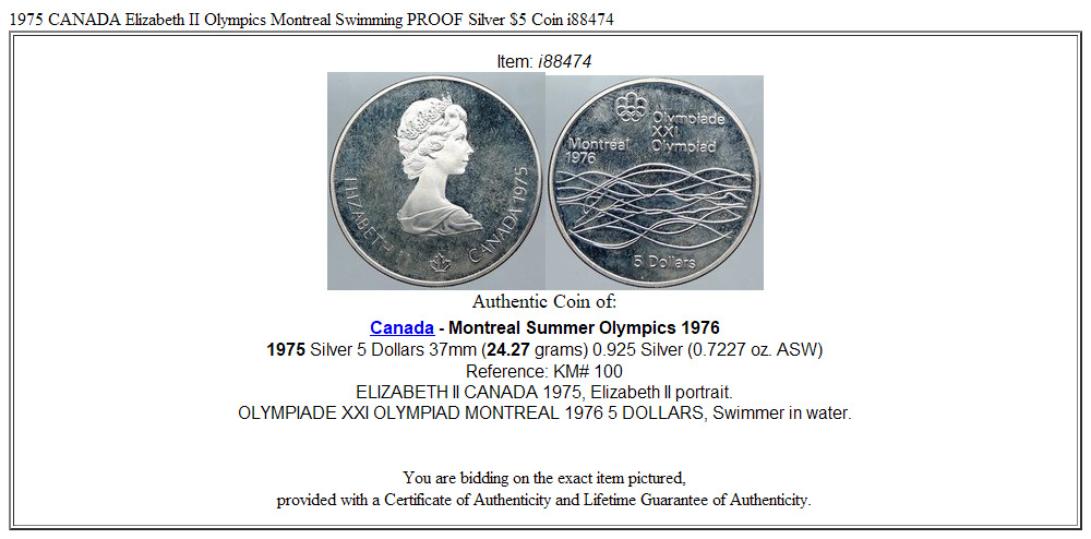 1975 CANADA Elizabeth II Olympics Montreal Swimming PROOF Silver $5 Coin i88474