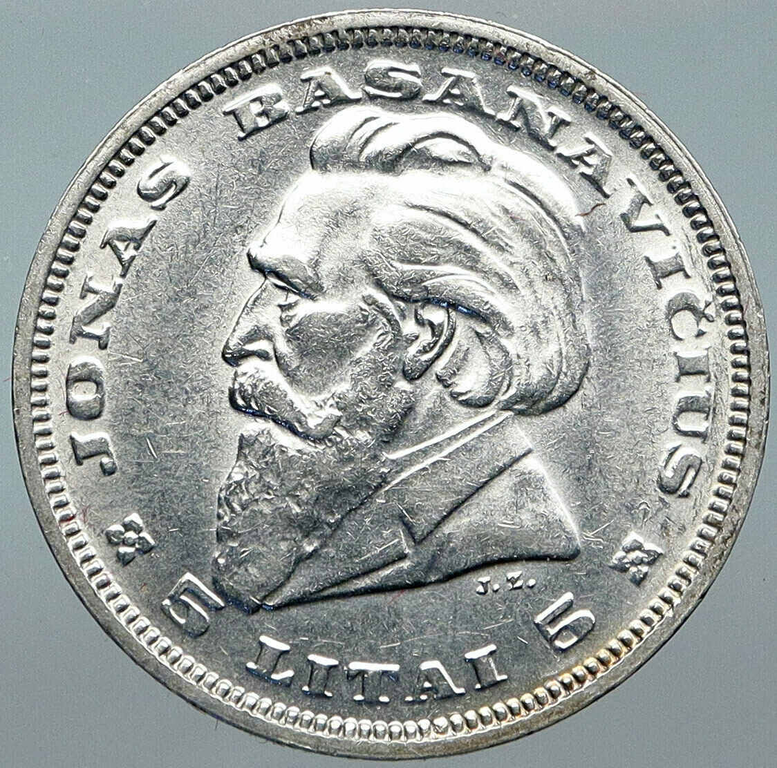 1936 LITHUANIA Silver 5 Litai JONAS BASANAVICIUS Vintage Lithuanian Coin i88525