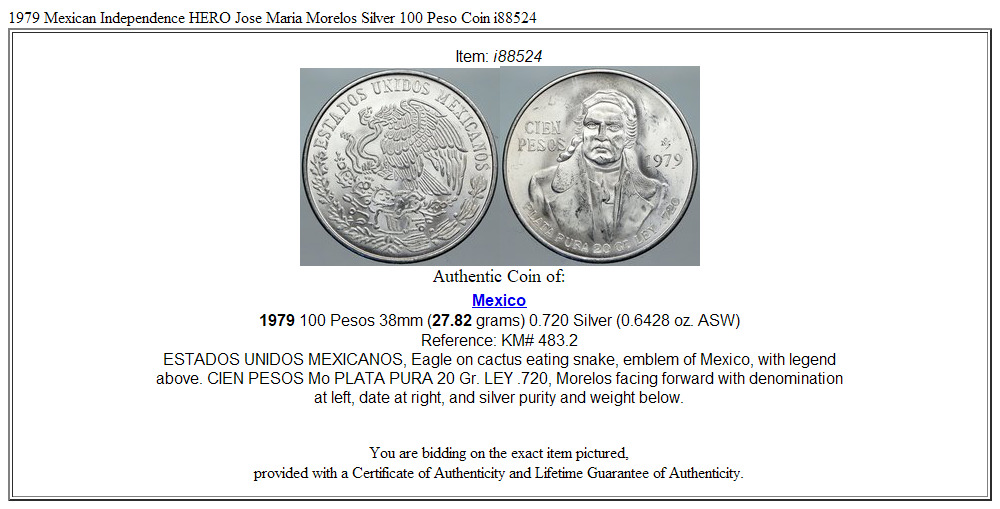 1979 Mexican Independence HERO Jose Maria Morelos Silver 100 Peso Coin i88524