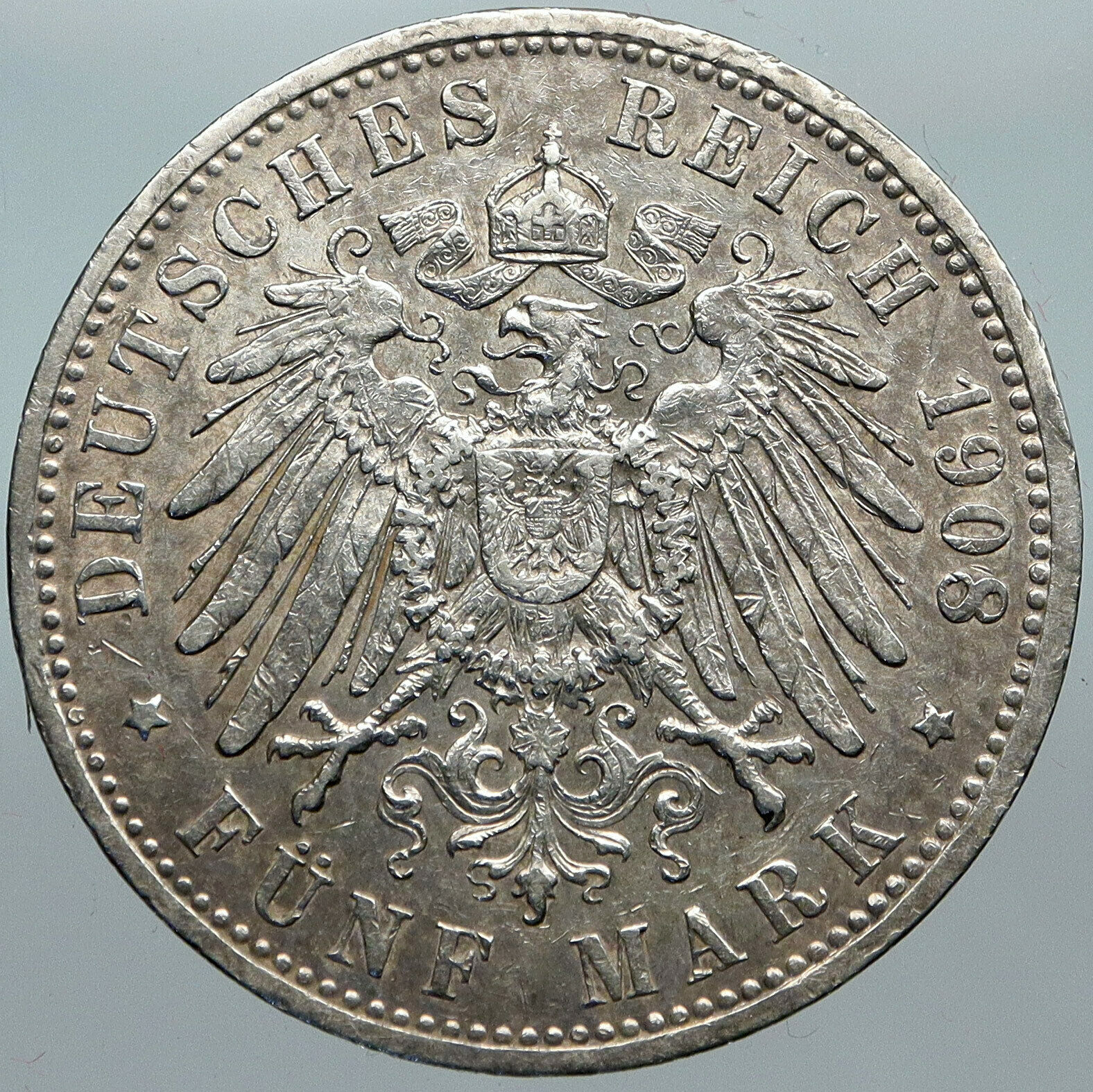 1908 GERMANY GERMAN STATES PRUSSIA WILHELM II Genuine Silver 5 Mark Coin i88521