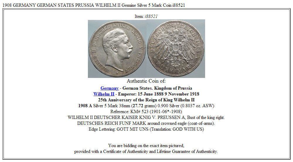 1908 GERMANY GERMAN STATES PRUSSIA WILHELM II Genuine Silver 5 Mark Coin i88521