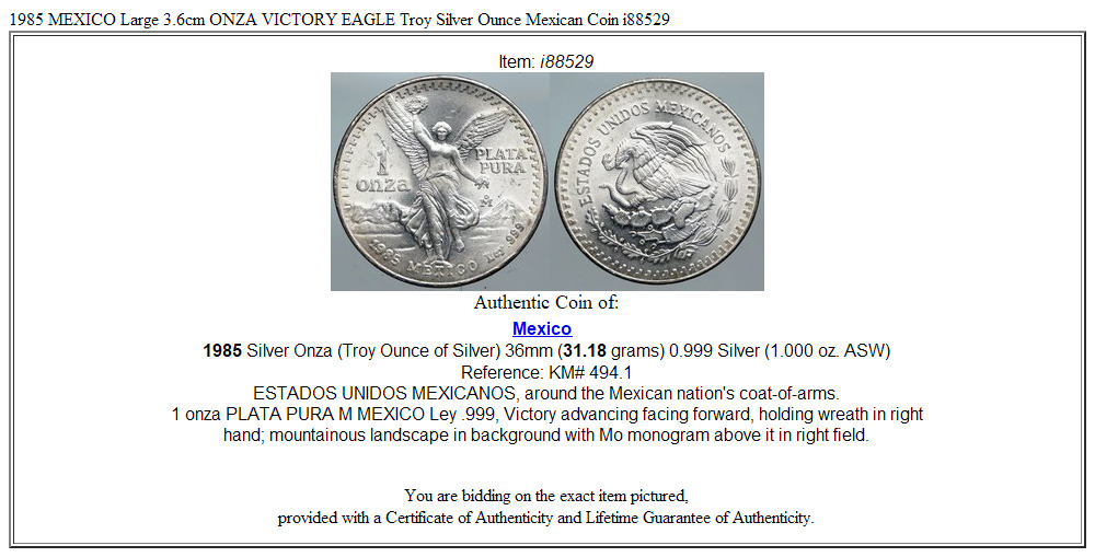 1985 MEXICO Large 3.6cm ONZA VICTORY EAGLE Troy Silver Ounce Mexican Coin i88529