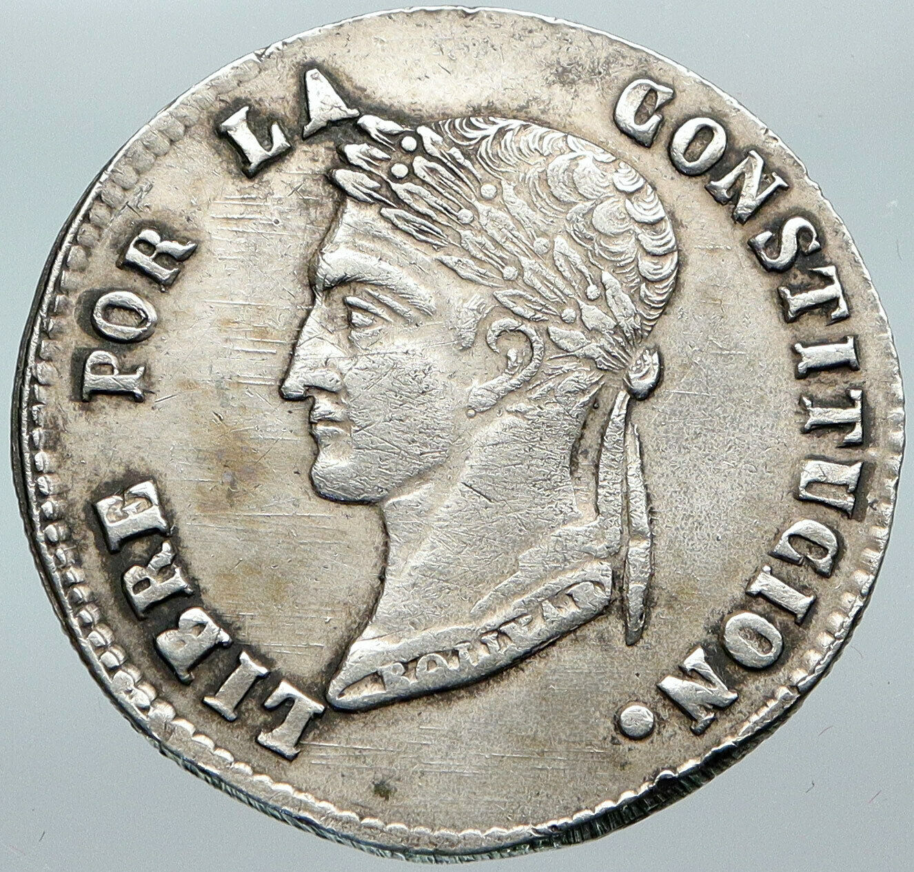 1855 PTS MJ BOLIVIA Large SIMON BOLIVAR ANTIQUE Vintage 4 Sol Silver Coin i88534