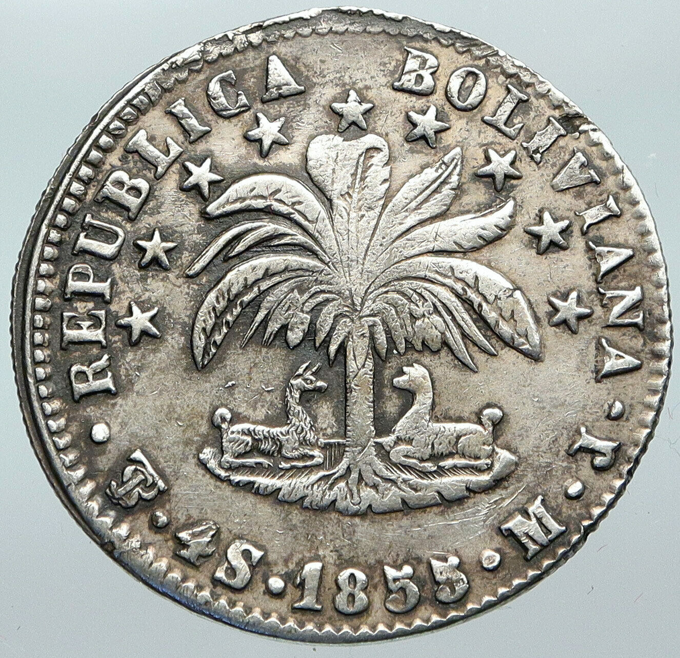 1855 PTS MJ BOLIVIA Large SIMON BOLIVAR ANTIQUE Vintage 4 Sol Silver Coin i88534