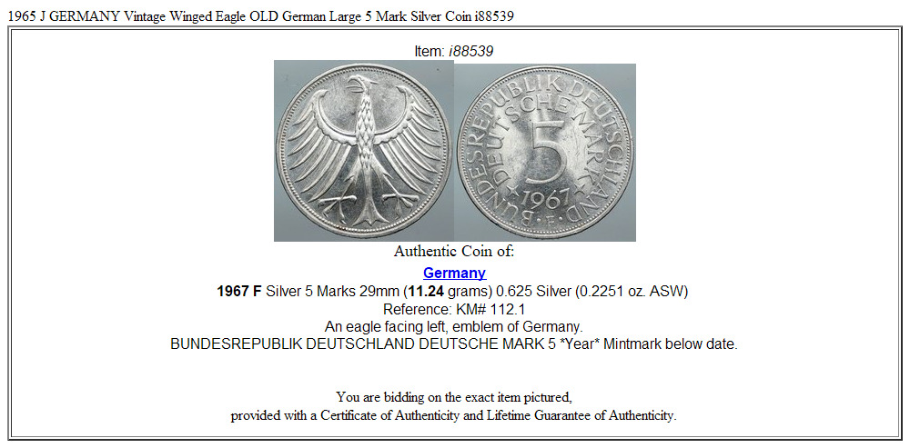 1967 F GERMANY Vintage Winged Eagle OLD German Large 5 Mark Silver Coin i88539