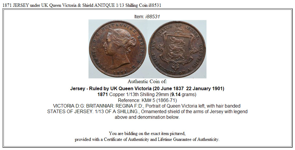 1871 JERSEY under UK Queen Victoria & Shield ANITQUE 1/13 Shilling Coin i88531