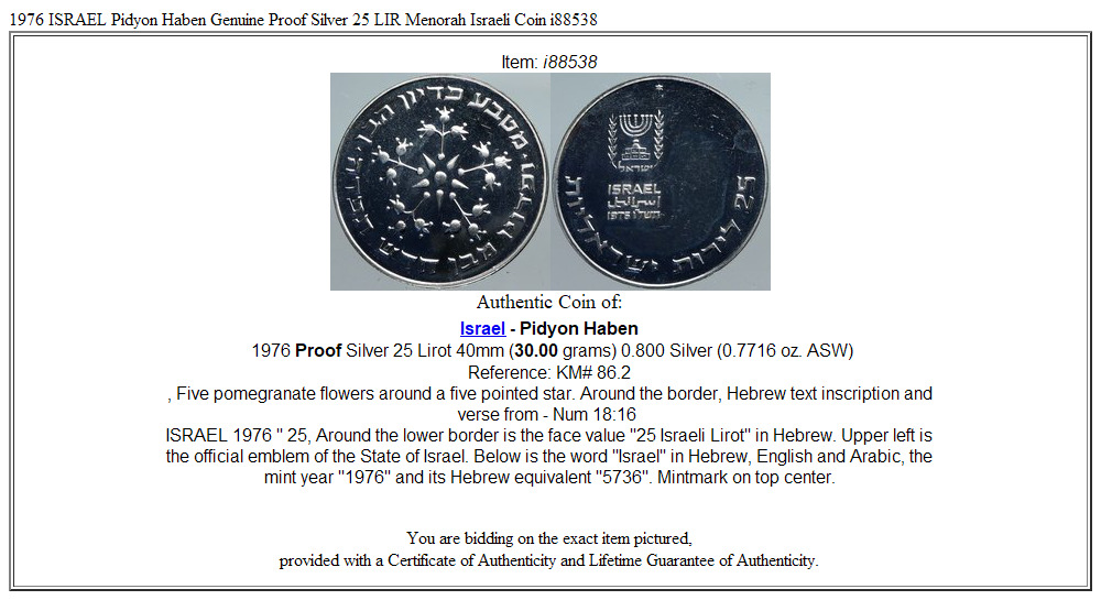 1976 ISRAEL Pidyon Haben Genuine Proof Silver 25 LIR Menorah Israeli Coin i88538