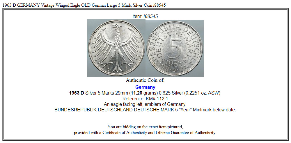 1963 D GERMANY Vintage Winged Eagle OLD German Large 5 Mark Silver Coin i88545