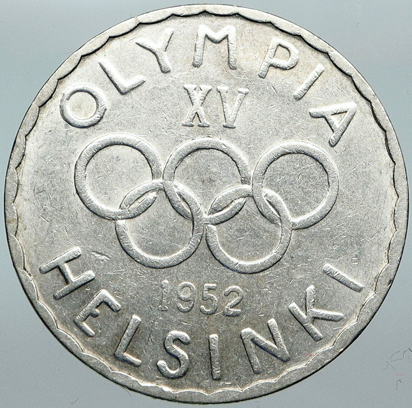 1952 FINLAND Summer Olympics Logo w Rings VINTAGE Silver 500 Markkaa Coin i88543