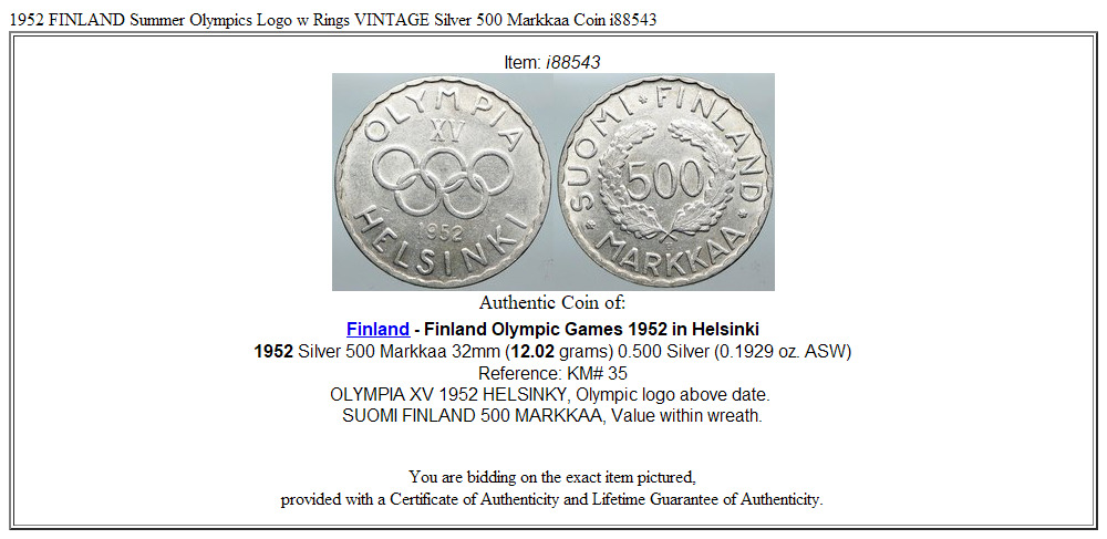 1952 FINLAND Summer Olympics Logo w Rings VINTAGE Silver 500 Markkaa Coin i88543