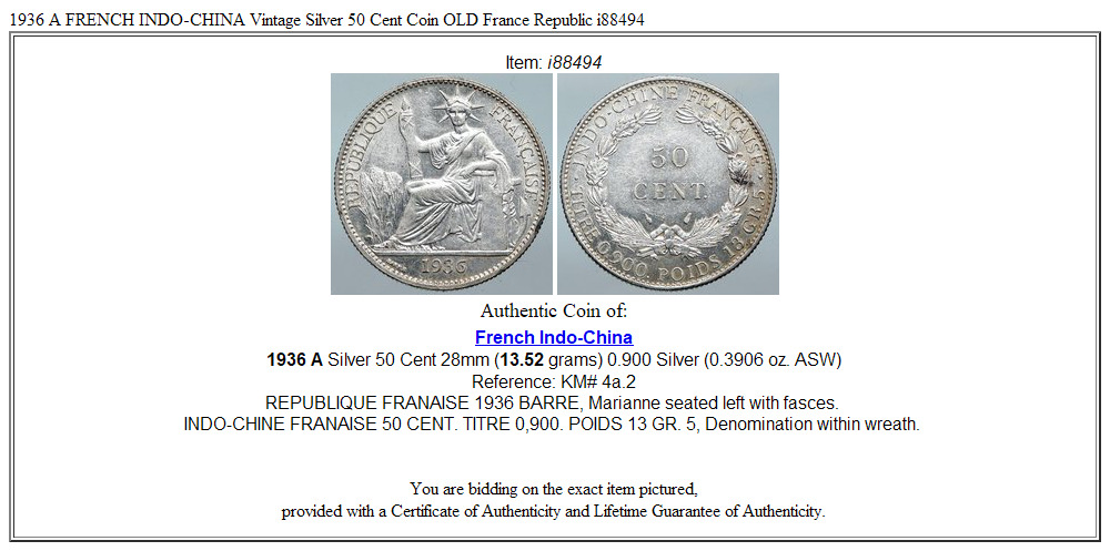 1936 A FRENCH INDO-CHINA Vintage Silver 50 Cent Coin OLD France Republic i88494