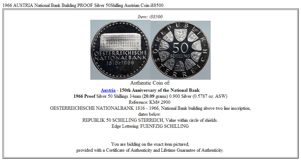 1966 AUSTRIA National Bank Building PROOF Silver 50Shilling Austrian Coin i88500