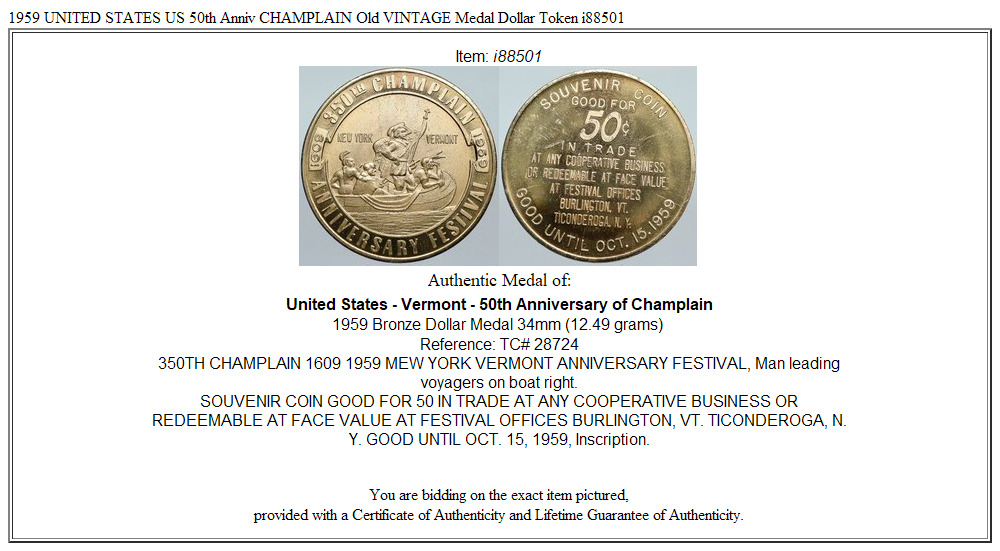 1959 UNITED STATES US 50th Anniv CHAMPLAIN Old VINTAGE Medal Dollar Token i88501