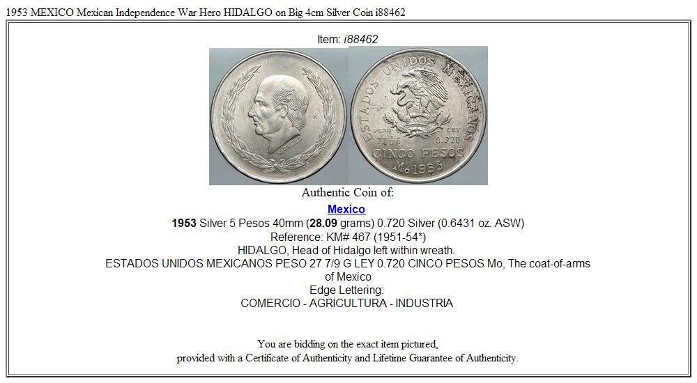 1953 MEXICO Mexican Independence War Hero HIDALGO on Big 4cm Silver Coin i88462