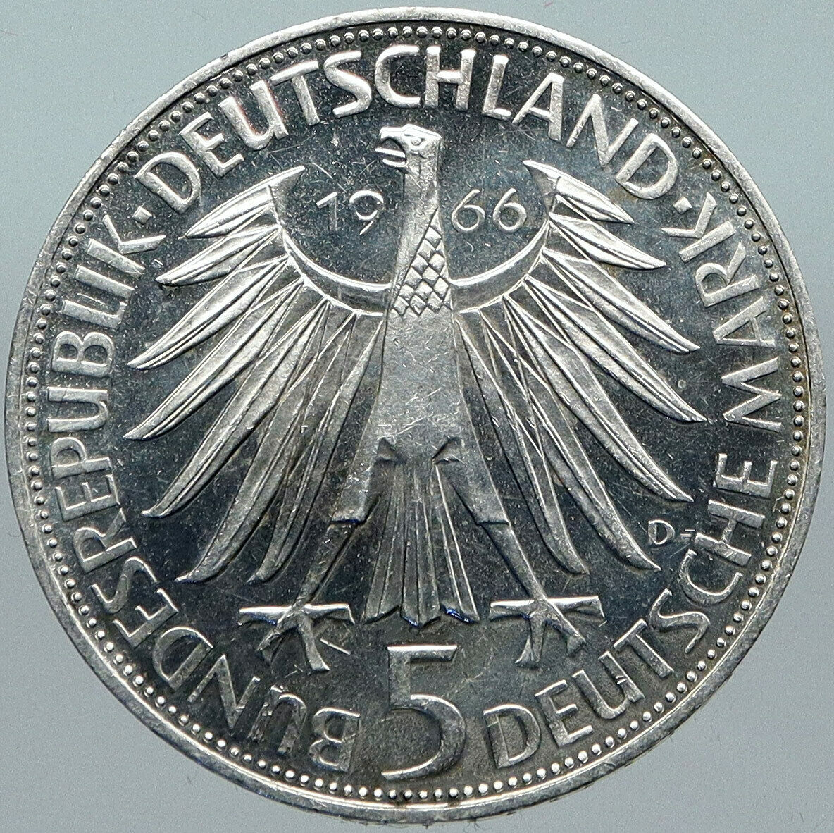 1966 D GERMANY Gottfried Wilhelm Leibniz Large 5 Mark Silver German Coin i88453