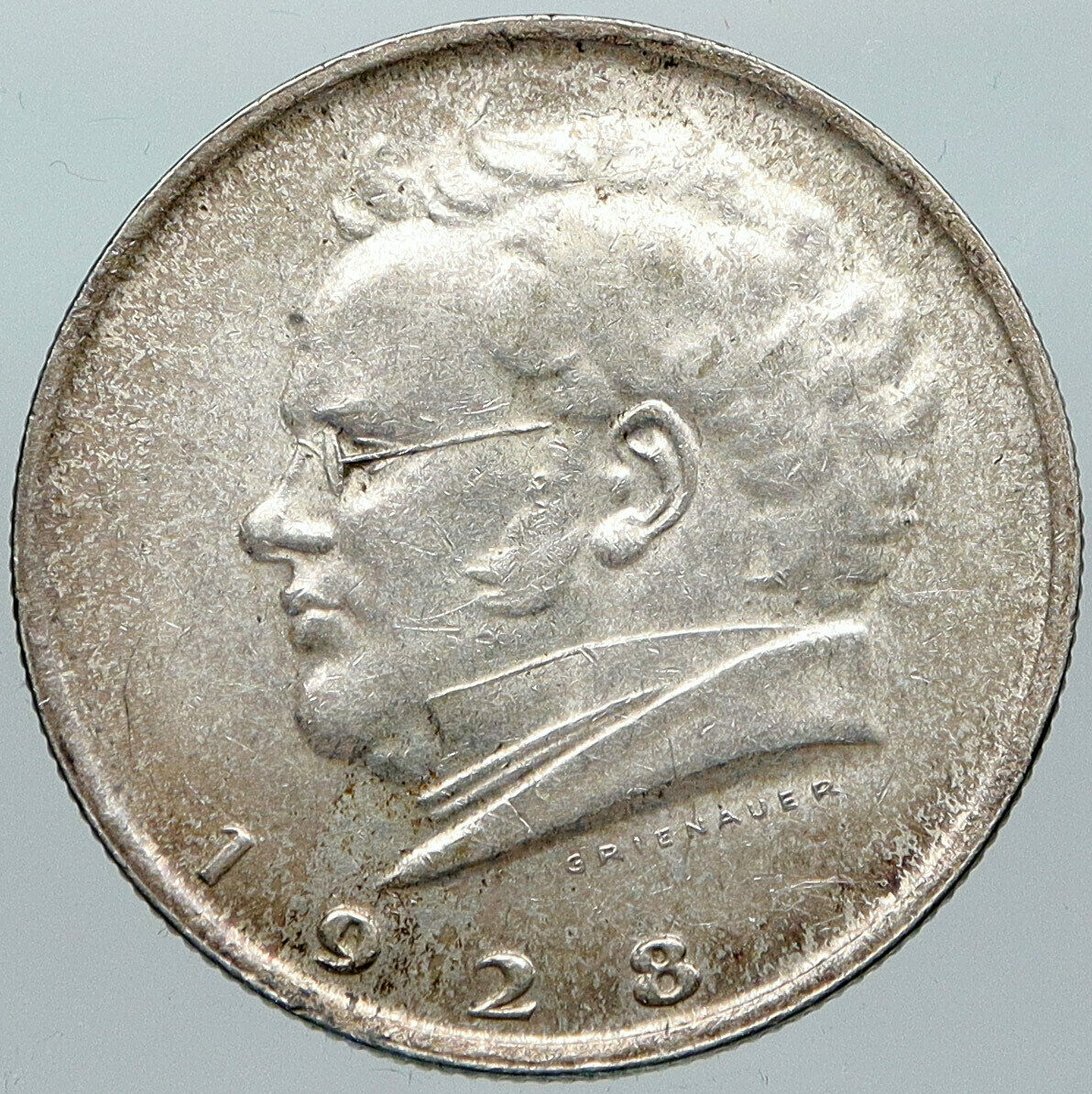 1928 AUSTRIA with Composer Franz Schubert Antique Silver 2 Schilling Coin i88463